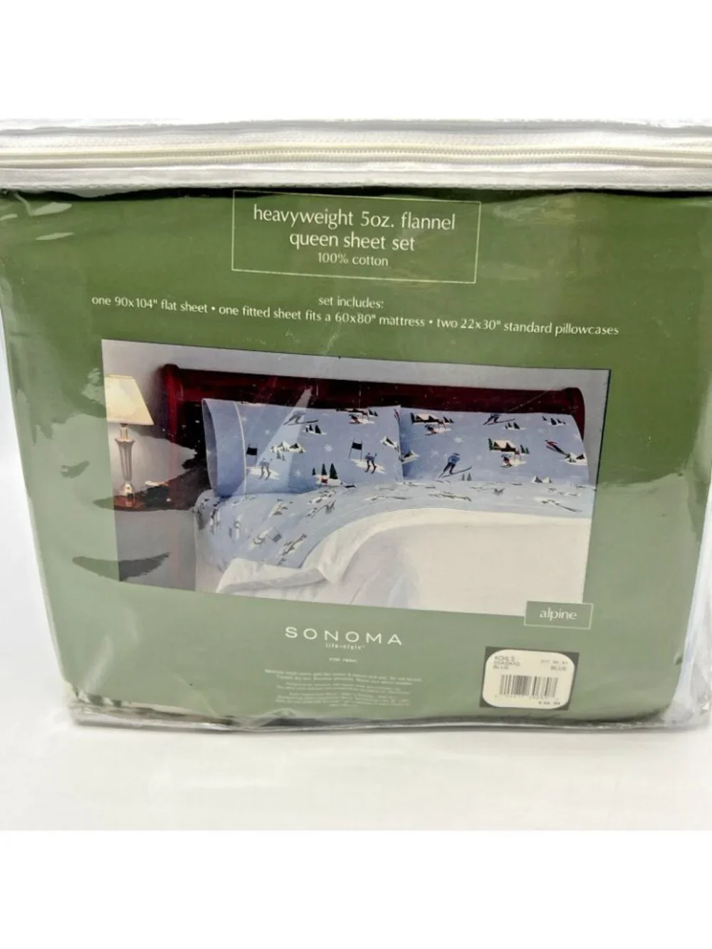 Sonoma Queen Flannel Sheet Set Blue Alpine Ski Lodge Fitted Flat Pillowcases